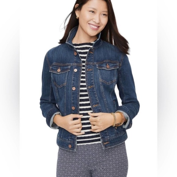 Talbots Jean denim jacket front pockets metal buttons banded bottom size P
C b - Picture 13 of 15